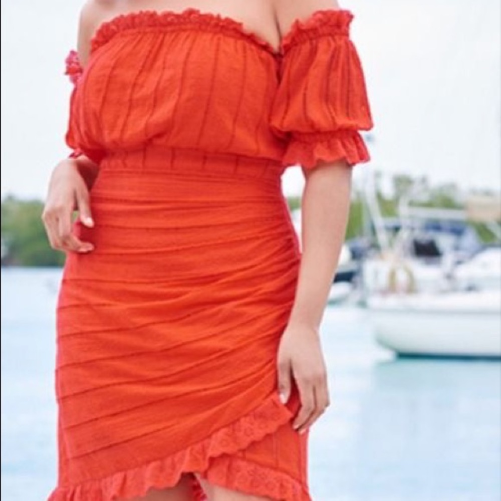 Venus of the shoulder eyelet detail crochet dress